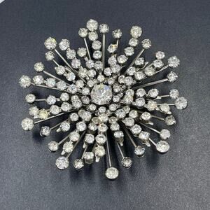 Sputnik Vintage Starburst Cluster Pin Brooch Bright Sparkling Clear Rhinestones